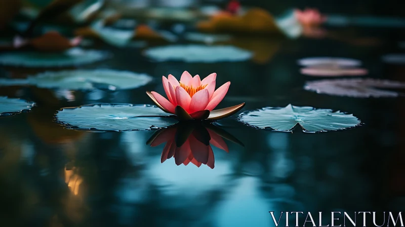 Serene pink water lily glows softly on a still twilight pond