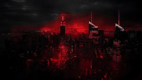 Red-lit city skyline glows under dramatic storm clouds