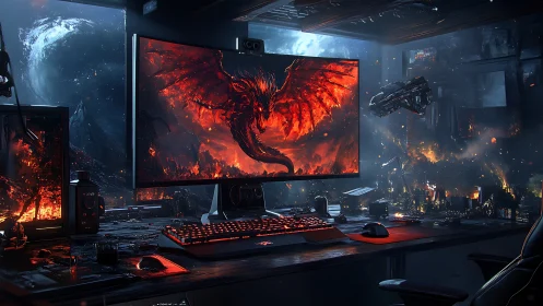 Futuristic gaming workstation with dragon battle display.