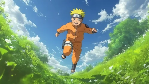 Blond ninja runs through lush meadow under bright sky