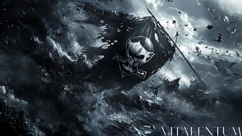 Storm-lashed pirate skull banner cuts diagonally through rogue sea