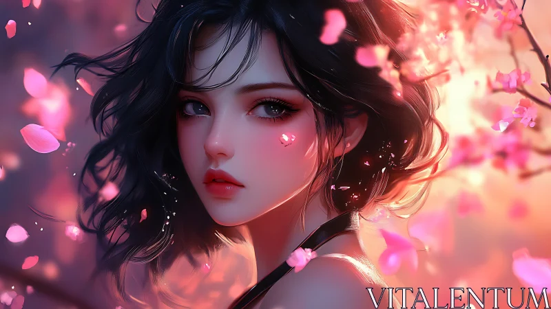 Soft-lit anime portrait with cherry blossom bokeh and rim lighting