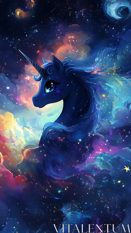 Starlit midnight unicorn adrift in nebula dreamscape.