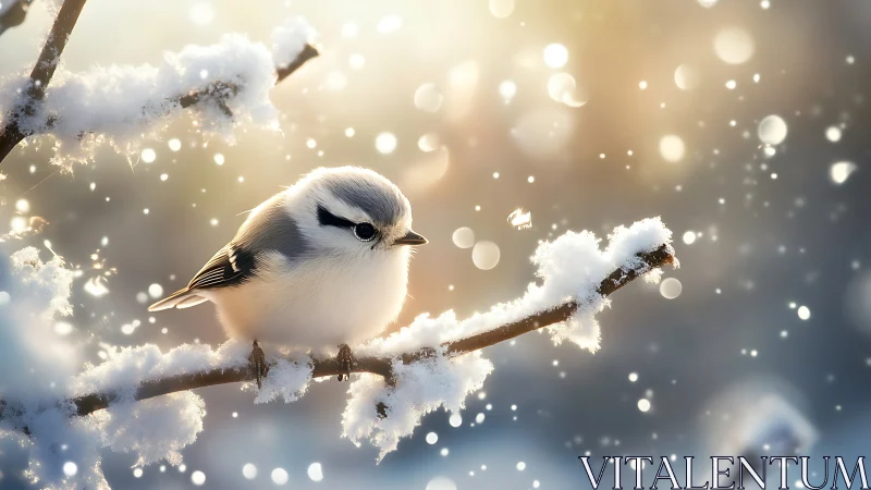 Fluffy songbird perched on snowy branch, dreamy winter bokeh style.