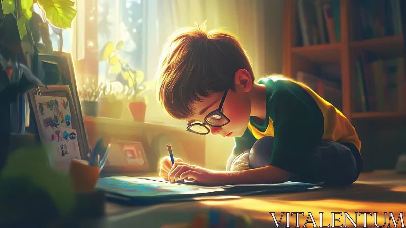 Young child drawing on floor in sunlit home interior.