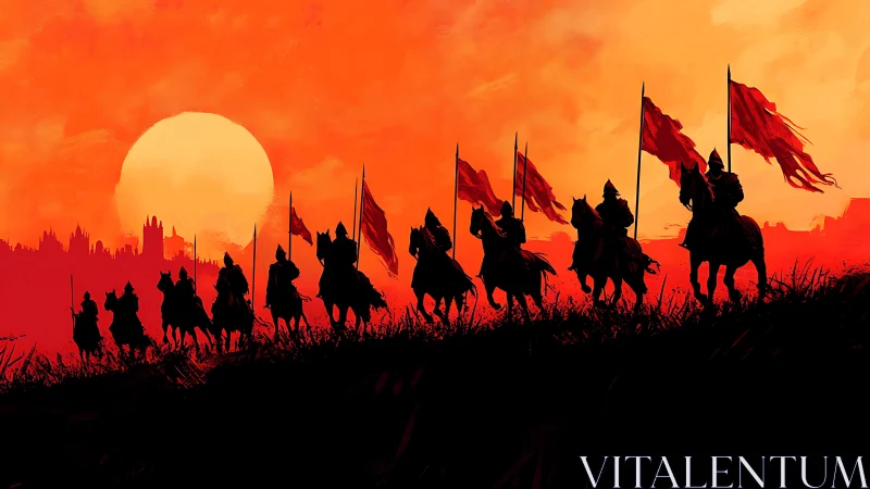 Knights riding home beneath a blazing ember sunset sky.