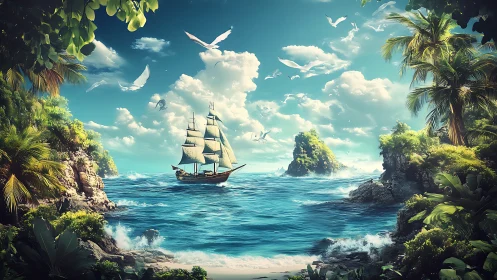 Tall ship sailing tropical waters framed by verdant cliffs.