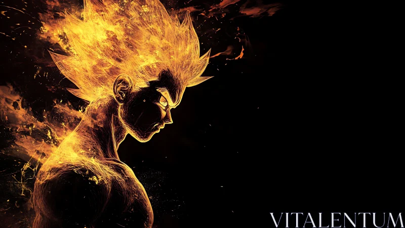 Fiery anime warrior glows with fierce golden power and focus