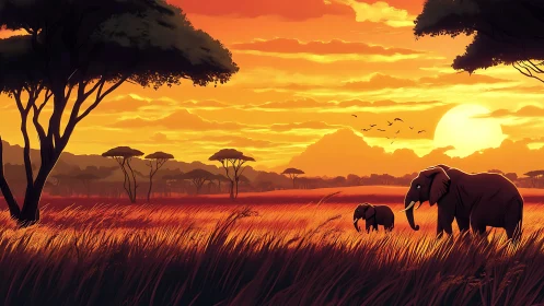 Elephant silhouettes crossing savanna under blazing sunset sky.
