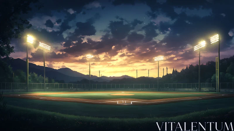 Sunset sky illuminates empty baseball field with stadium lights