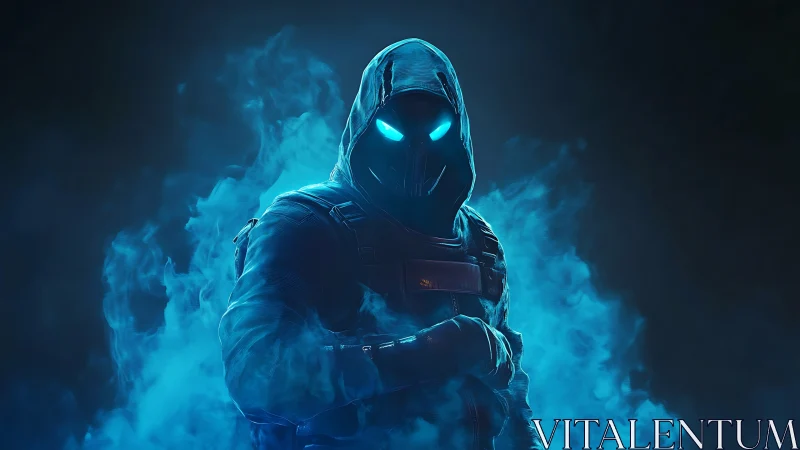 Hooded cyber warrior with glowing blue eyes in smoke.