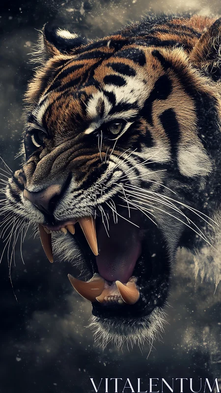 Snarling tiger portrait with hyperreal fur and fangs detail.