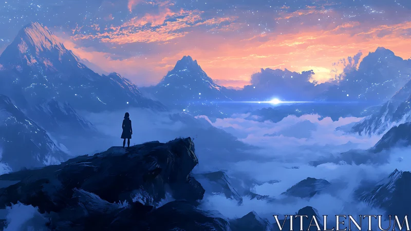 Solitary observer over blue alpine clouds at radiant dawn