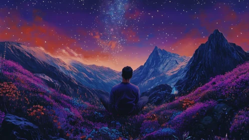 Man gazes at starry mountain sky in glowing neon dusk