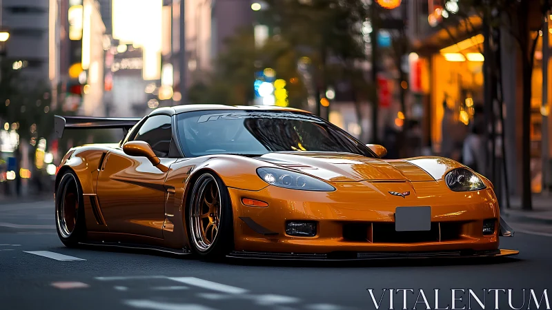 Low-slung golden sports car in neon-lit city street scene.