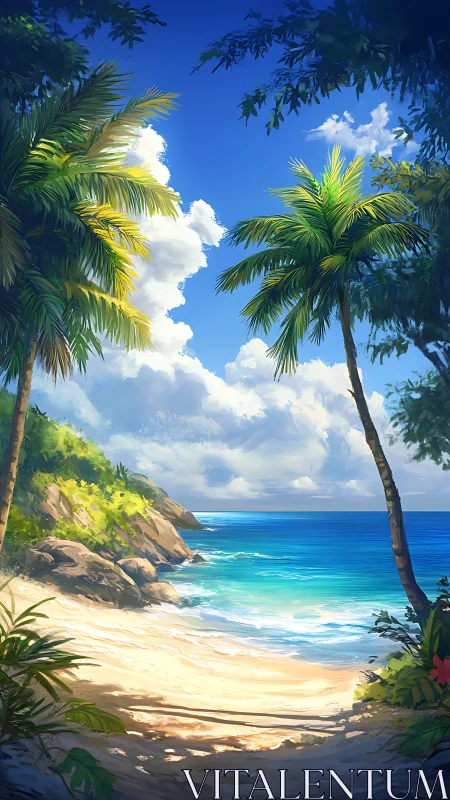Tropical Paradise Beach Cove Framed by Swaying Palms.