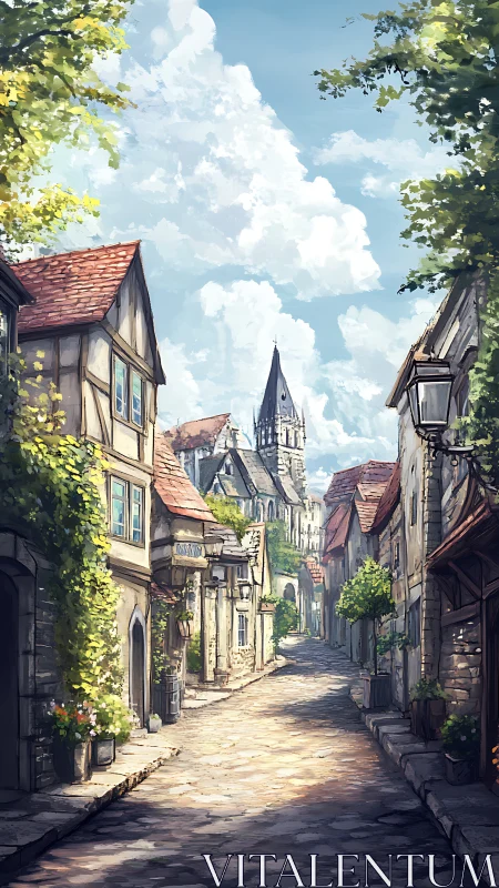Sunlit cobblestone lane leads toward a quiet hilltop church