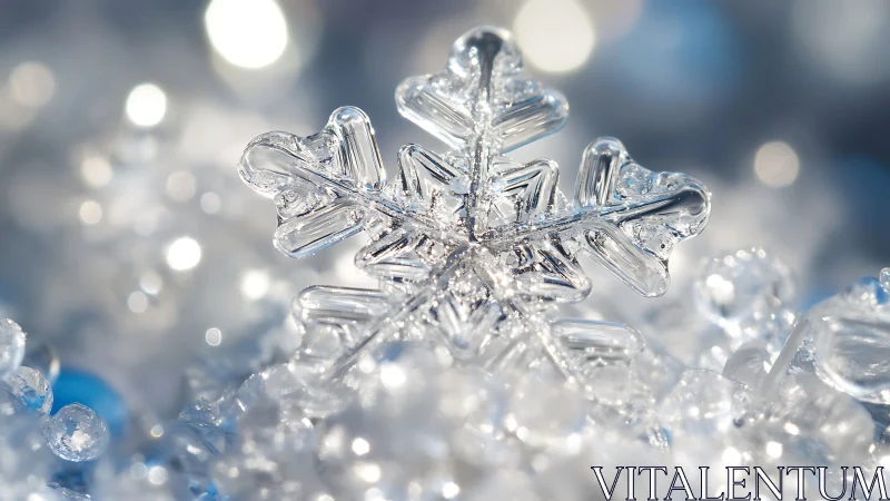 Crystal snowflake rests in sparkling frozen bokeh light.