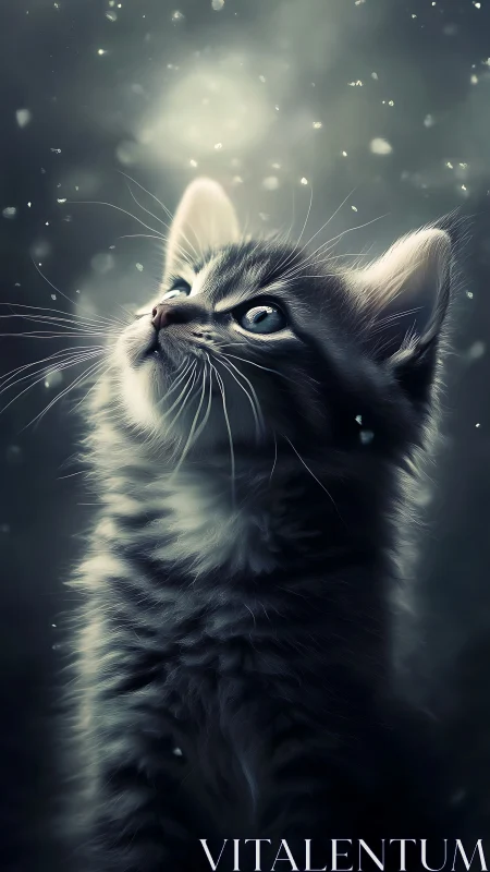 Kitten gazing upward surrounded by bokeh light particles
