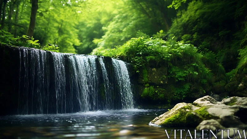 Forest Waterfall Cascading Through Lush Green Canopy.