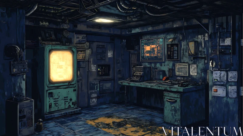 Decayed cyber control room with teal consoles and grimy CRT glow.