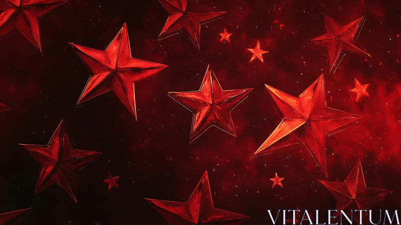 Crimson metal stars drift boldly through a glowing cosmic haze