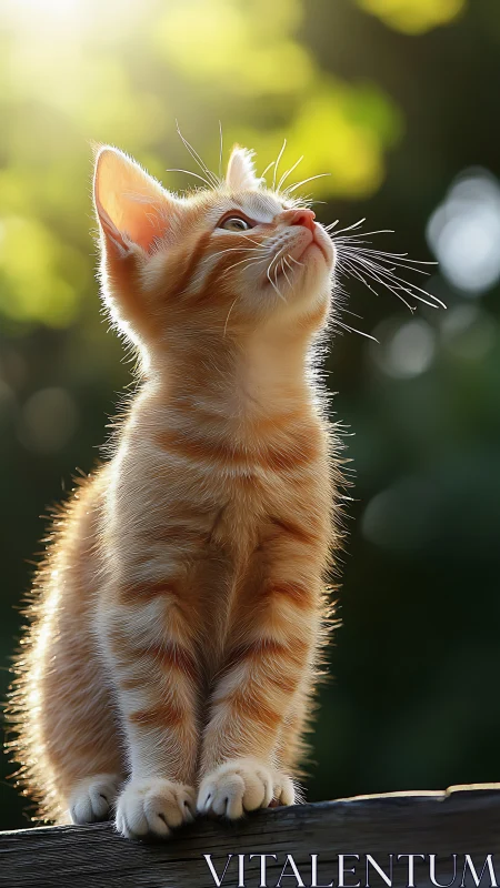 Ginger kitten in golden backlight on wooden fence edge.