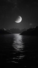 Crescent moon over alpine lake with specular highlights at night