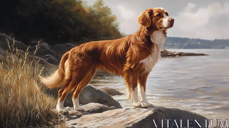 Golden-coated dog gazes across tranquil lakeside shore.