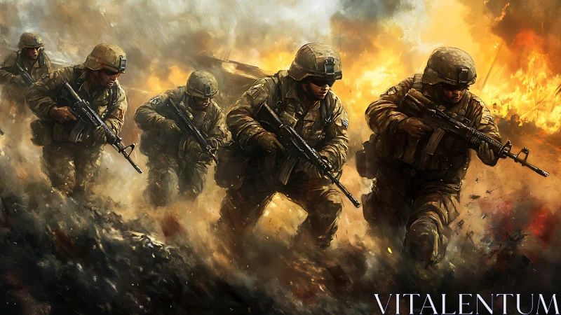 Firestorm march of modern soldiers through raging inferno.