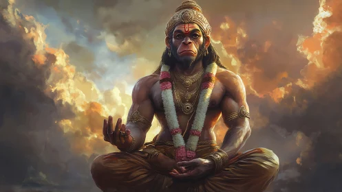 Mythic simian deity in meditative pose with volumetric cloud lighting