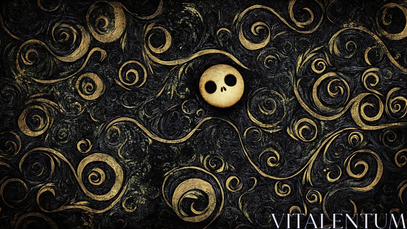 Skull motif centered in dense gold swirling pattern background.