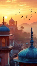 Sunrise illuminates domed city skyline above hazy hills