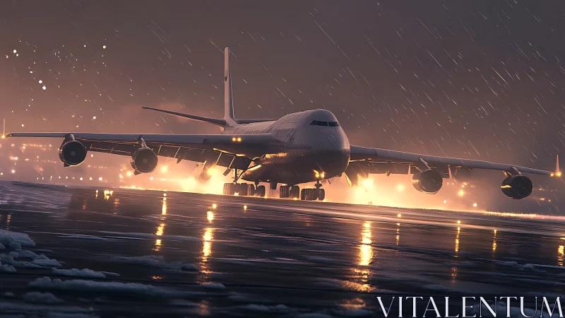 Storm-lit jumbo jet roars down a rain-soaked runway.