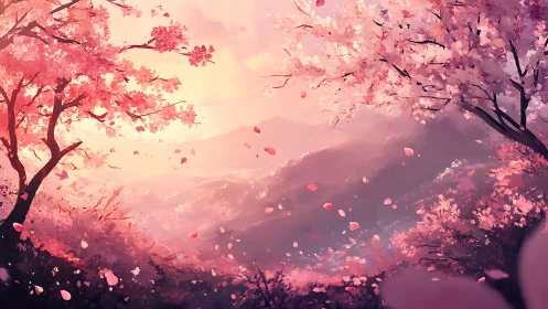 Digital landscape depicts flowering trees over distant hills