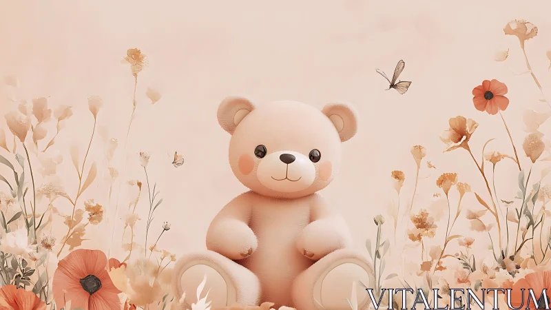 Soft teddy bear smiles amid pastel wildflower garden.
