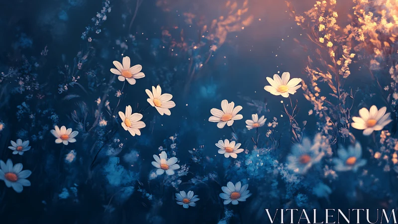 Luminescent Daisies in Ethereal Blue Night Garden.