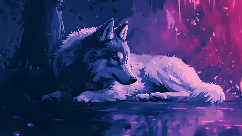 Resting wolf under neon forest glow reflects in water