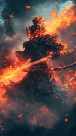 Firelit Samurai in a Swirl of Sparks and Stormy Smoke.