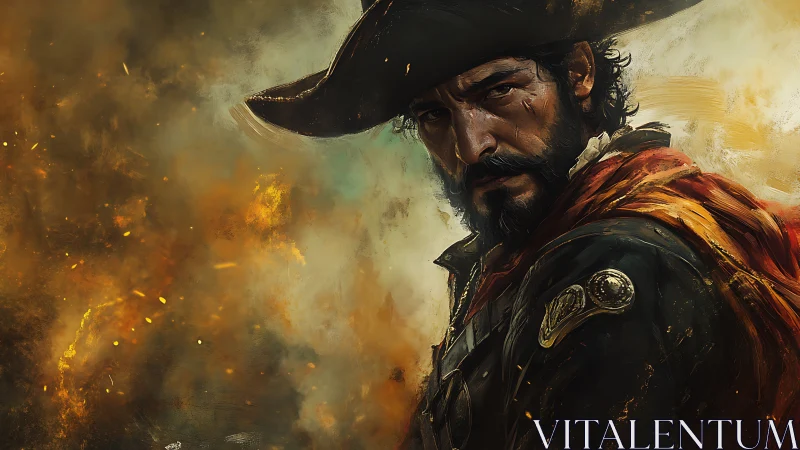 Bearded pirate in tricorne hat turns against burning backdrop