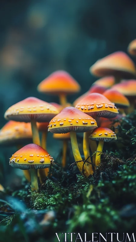 Luminous orange forest mushrooms with shallow depth of field.