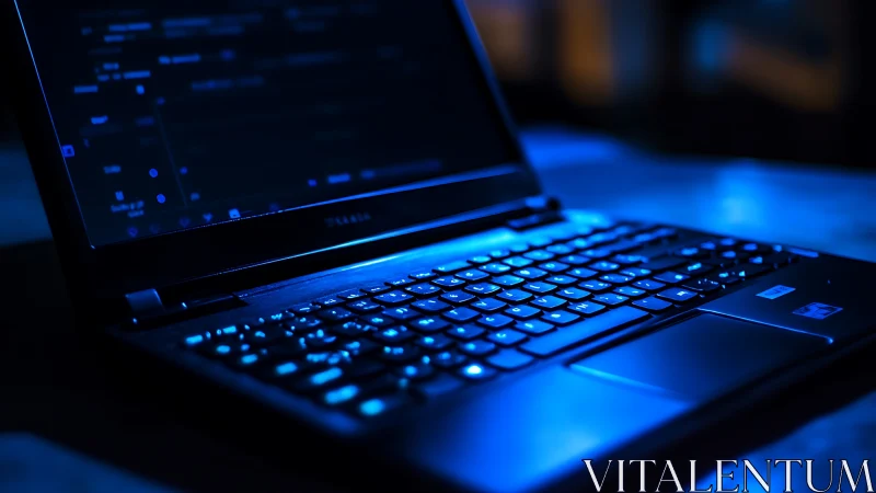 Midnight laptop hums softly under electric blue code glow