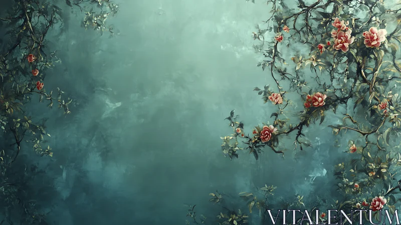Floral branches framing misty teal negative space canvas.