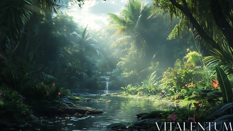 Jungle Stream with Sunlit Canopy and Tropical Forest