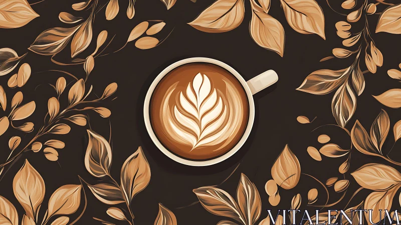 Top view shows latte art cup centered in stylized foliage
