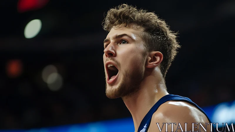 Intense courtside closeup of shouting basketball player portrait.