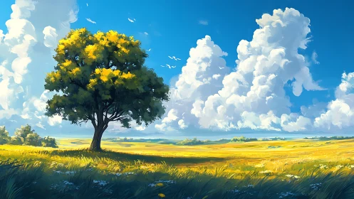 Solitary summer tree converses with towering cloud kingdoms