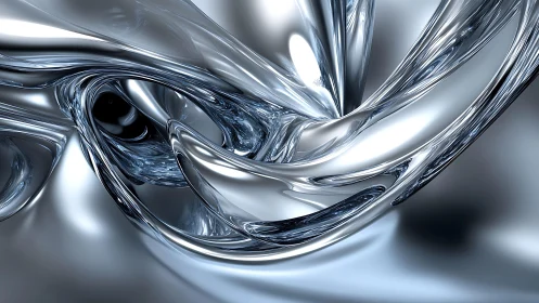 Abstract metallic swirl with liquid chrome texture in digital art.