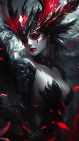 Raven-crowned bloodfire queen in a storm of dark wings.
