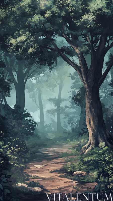 Misty Forest Canopy: Digital Illustration of Woodland Depth.